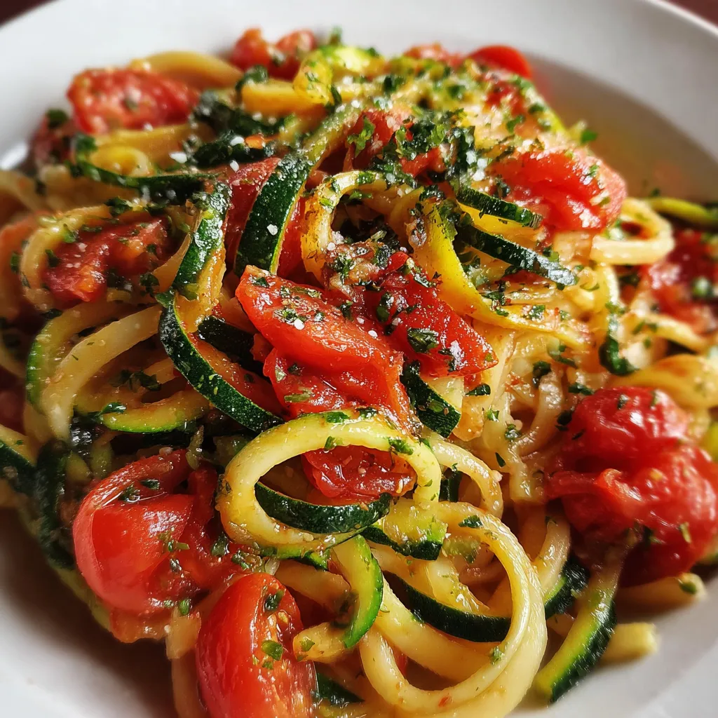 Fresh Garden Tomato Zucchini Pasta with Garlic and Basil - secondary view
